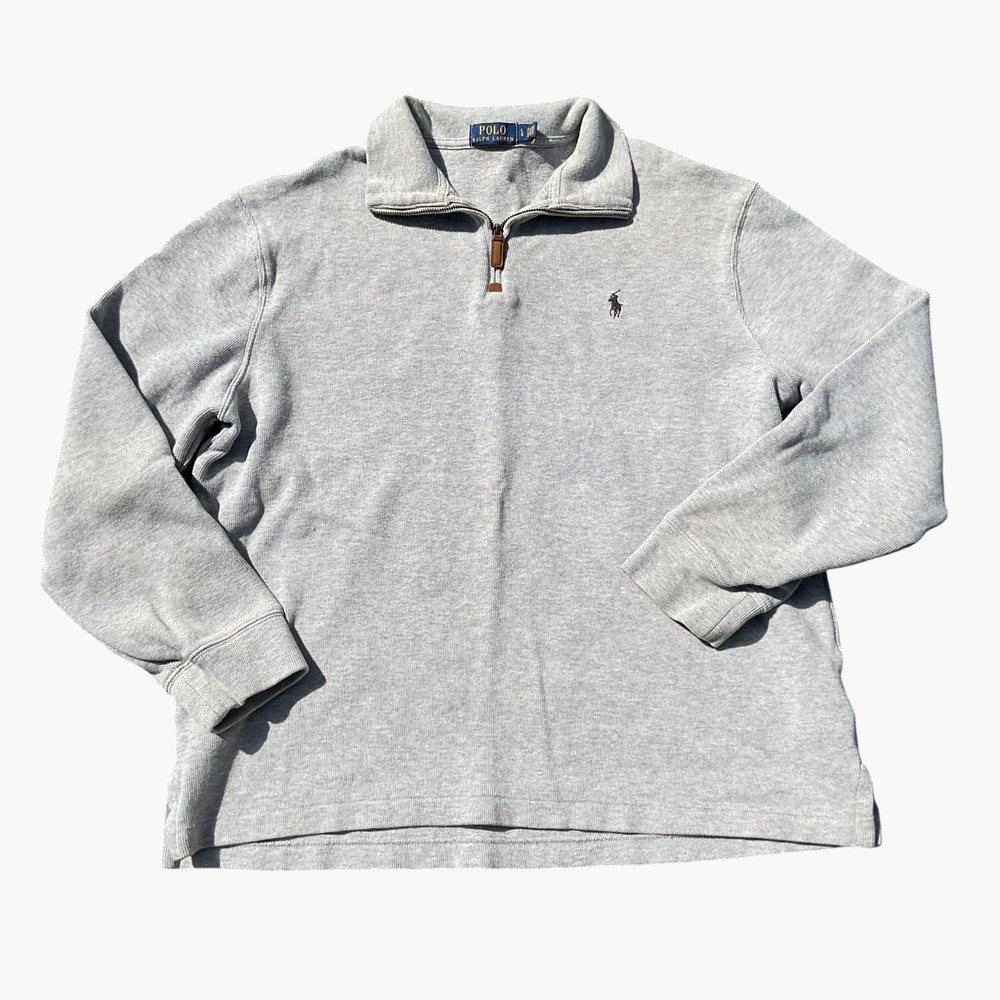 Polo Ralph Lauren Jumper Men Large Gray Cotton Knitted Classic 1/4 Zip Sweater
